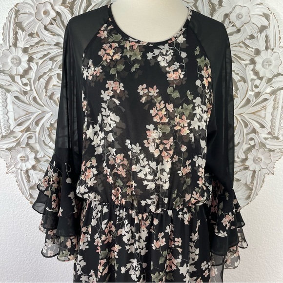 {MISA} Kateri Asymmetrical Black Floral Ruffle Tier Chiffon Maxi Dress, Size L - Picture 4 of 11